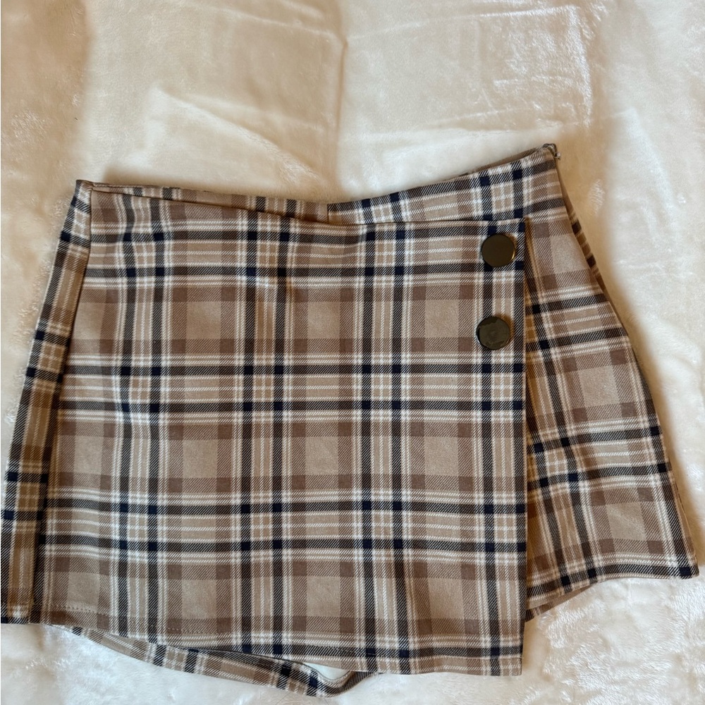 Plaid Mini Skort with Button Detail